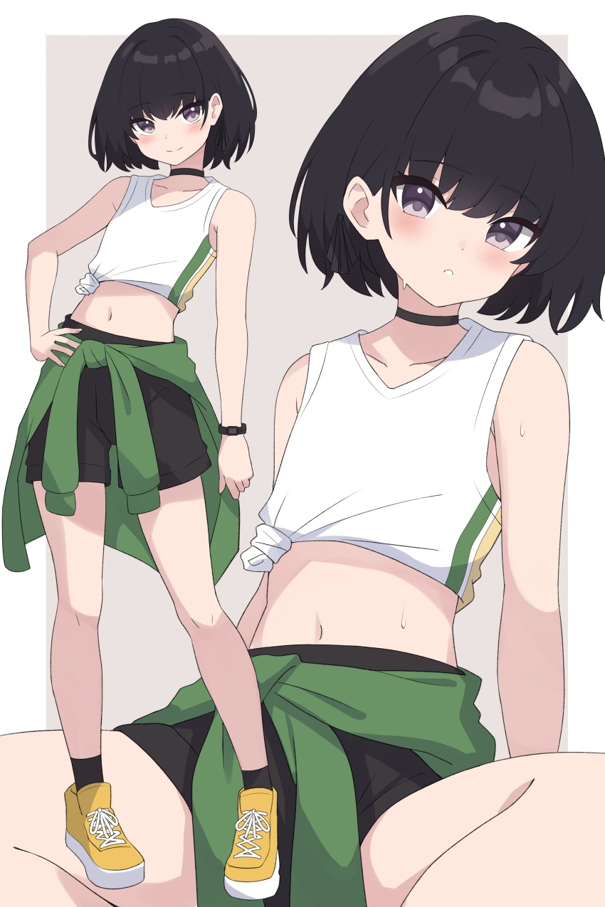 1boy absurdres bare_shoulders black_choker black_hair black_shorts black_socks blush border brown_background choker closed_mouth clothes_around_waist collarbone crop_top full_body green_jacket hand_on_own_hip highres jacket jacket_around_waist kisaragi_yura_(zeatto) looking_at_viewer male_focus midriff multiple_views navel original parted_lips purple_eyes shirt shoes short_hair shorts sleeveless sleeveless_shirt smile socks sweat tied_shirt trap watch white_border white_shirt wristwatch yellow_footwear zeatto