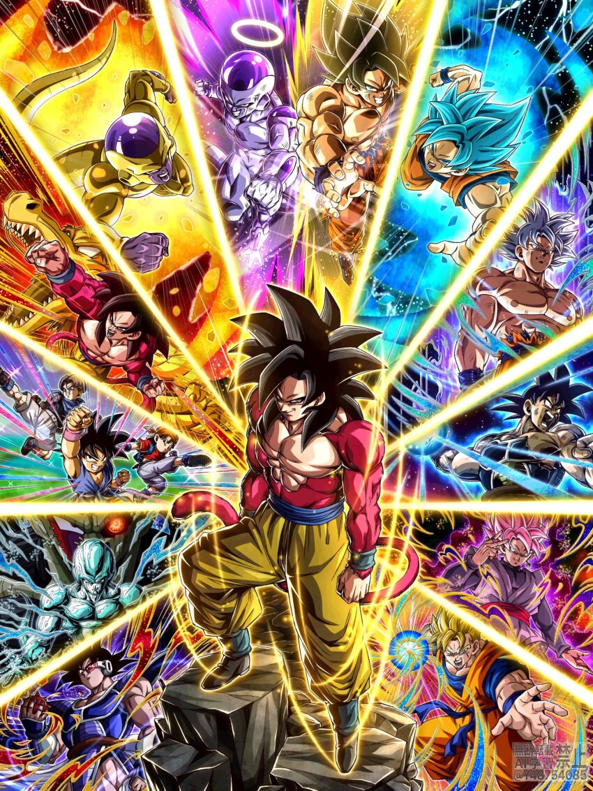 6+boys aura bardock black_hair blue_eyes clenched_hands colored_skin cooler_(dragon_ball) dougi dragon_ball dragon_ball_gt dragon_ball_super dragon_ball_z_dokkan_battle frieza gloves goku_black highres jewelry looking_at_viewer male_focus monkey_boy monkey_tail multiple_boys muscular muscular_male open_mouth pants pectorals smile son_gohan son_goku spiked_hair super_saiyan super_saiyan_1 super_saiyan_2 super_saiyan_4 super_saiyan_blue tail teeth trunks_(dragon_ball) tullece ultra_instinct vegeta wai_(y48754085) white_gloves