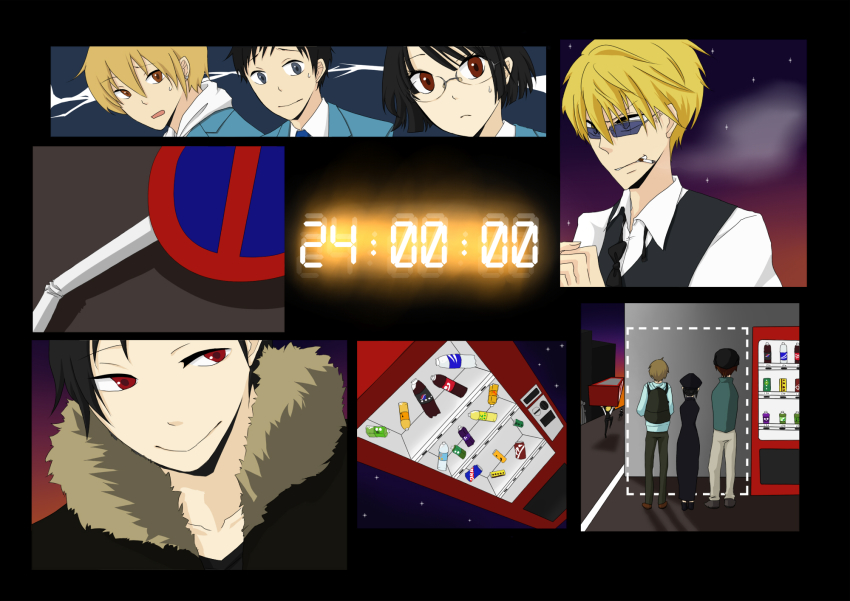 24_(series) 2girls 6+boys backpack bad_id bad_pixiv_id bag black_hair blonde_hair blue_eyes brown_eyes cigarette coat durarara!! glasses heiwajima_shizuo highres kadota_kyouhei karisawa_erika kida_masaomi multiple_boys multiple_girls orihara_izaya parody randoseru red_eyes ryuugamine_mikado school_uniform sign sonohara_anri sunglasses vending_machine yumasaki_walker