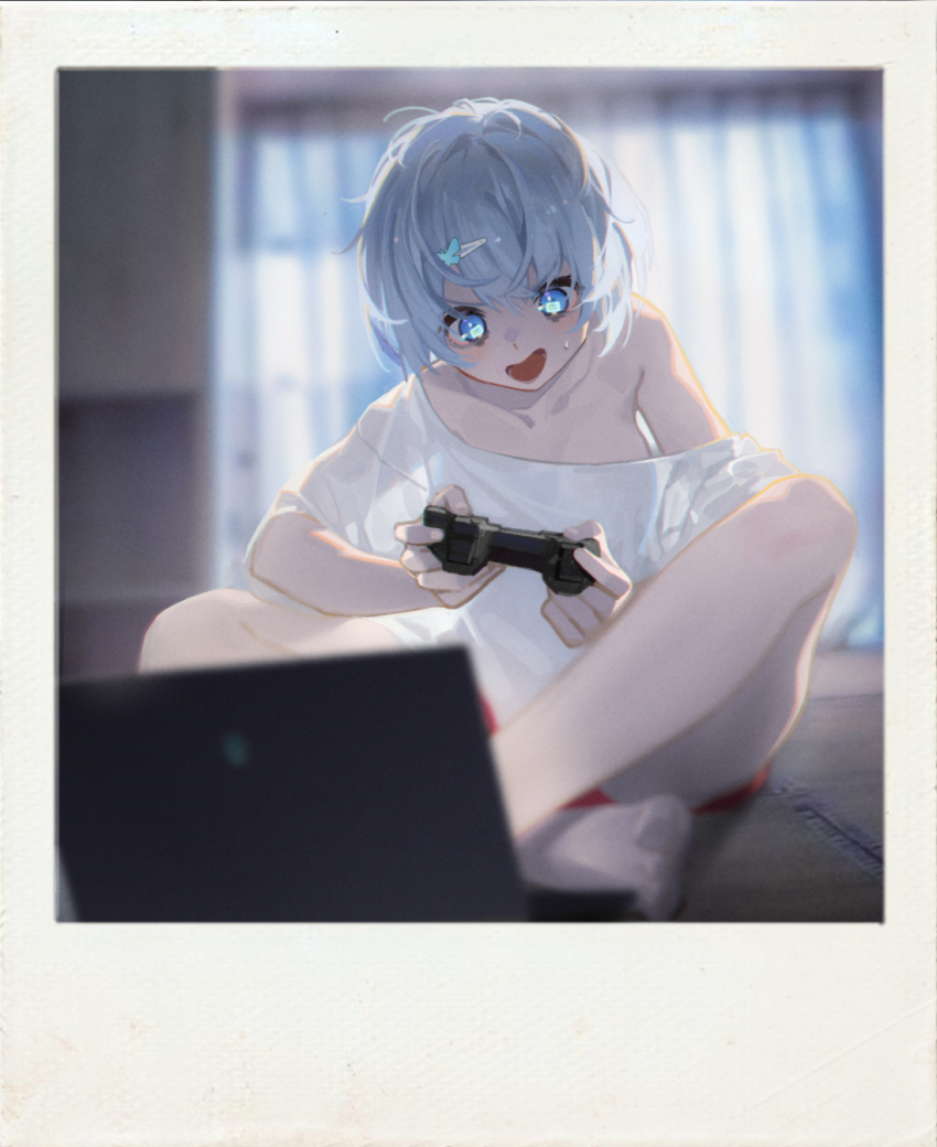 1girl blue_eyes computer controller fake_photograph game_controller highres holding holding_controller indian_style indie_virtual_youtuber laptop lisardggy off_shoulder playing_games shirt shizuku_lulu single_off_shoulder sitting solo white_hair white_shirt