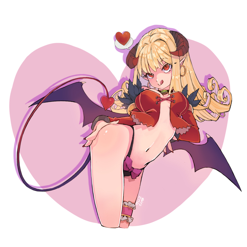 1girl :q bat_wings black_choker black_panties blonde_hair bow bow_panties breasts brown_eyes choker cleavage closed_mouth commentary contrapposto corset demon_girl demon_tail demon_wings earrings feet_out_of_frame heart heart_background highres hoop_earrings horns jewelry kemushi_sama long_hair looking_at_viewer medium_breasts panties pointy_ears purple_bow ragnarok_online smile solo spoken_heart succubus_(ragnarok_online) tail thigh_strap tongue tongue_out underwear white_background wings