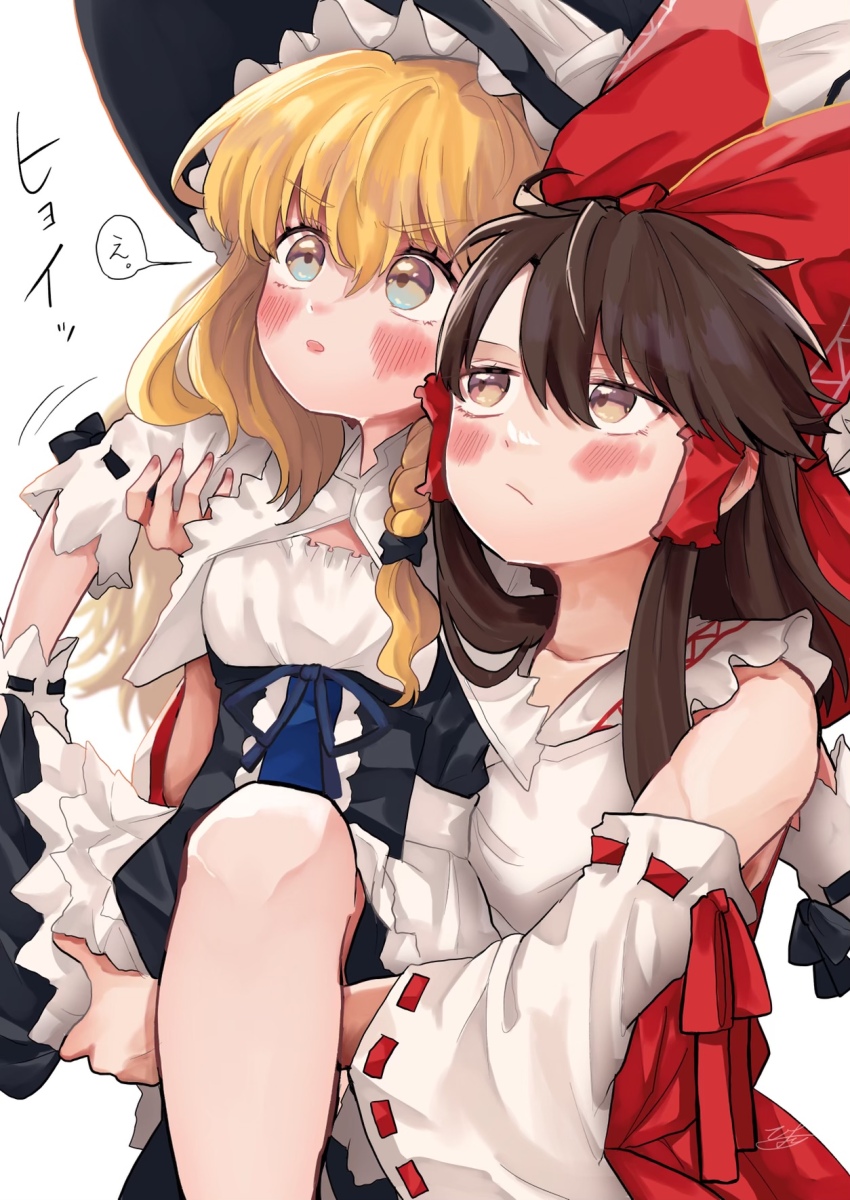 2girls :/ :o apron black_corset black_headwear blonde_hair blush bow braid brown_eyes brown_hair commentary_request corset detached_sleeves frilled_hairband frills hair_bow hair_tubes hairband hakurei_reimu hat highres kirisame_marisa lifting_person long_hair looking_at_another motion_lines multiple_girls open_mouth red_bow red_skirt shirt signature simple_background single_braid skirt touhou translation_request uchisaki_himari v-shaped_eyebrows white_apron white_background white_shirt white_sleeves wide_sleeves witch_hat yellow_eyes