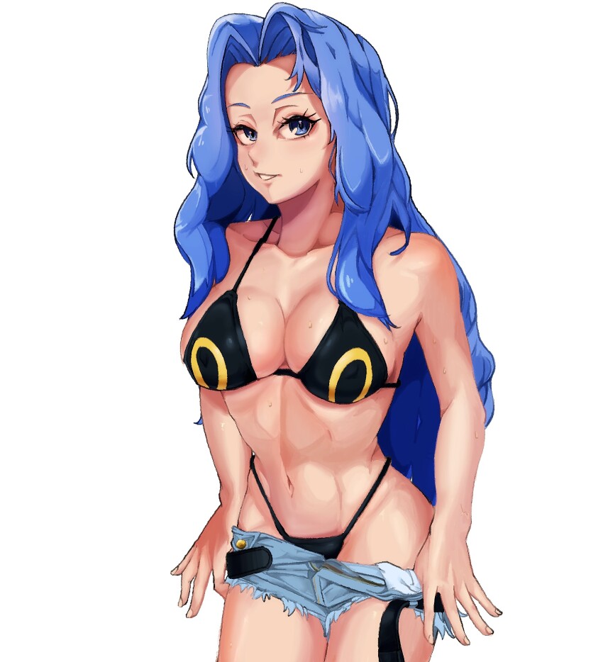 1girl 2049_(hh5566) alternate_costume armpits arms_at_sides belt bikini bikini_under_clothes black_bikini blue_eyes blue_hair breasts cleavage clothes_pull collarbone creatures_(company) denim denim_shorts elite_four eyelashes female_focus fingernails game_freak gen_2_pokemon groin hair_intakes highleg highleg_bikini highres karen_(pokemon) large_breasts legs_together light_blue_hair long_hair looking_at_viewer matching_hair/eyes midriff navel neck nintendo open_clothes open_shorts parted_bangs parted_lips pokemon pokemon_hgss seductive_smile sexually_suggestive short_shorts shorts shorts_pull sideboob sidelocks simple_background smile standing sweat swimsuit thong_bikini toned_stomach torn_clothes torn_shorts umbreon undressing wavy_hair white_background zipper zipper_pull_tab