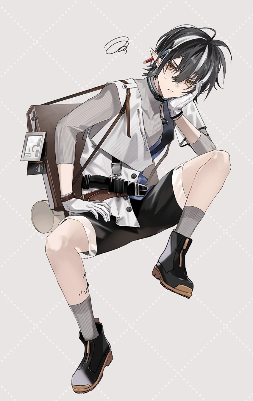 1boy ankle_boots antenna_hair argyle_background argyle_clothes arknights belt black_footwear black_hair black_shorts boots briefcase commentary frown gloves grey_background grey_socks grey_sweater highres hishoti_cheese id_card infection_monitor_(arknights) jacket looking_at_viewer male_focus material_growth minimalist_(arknights) multicolored_hair oripathy_lesion_(arknights) pointy_ears rolled_up_paper short_hair shorts simple_background socks solo spread_legs streaked_hair sweat sweater white_gloves white_hair white_jacket yellow_eyes