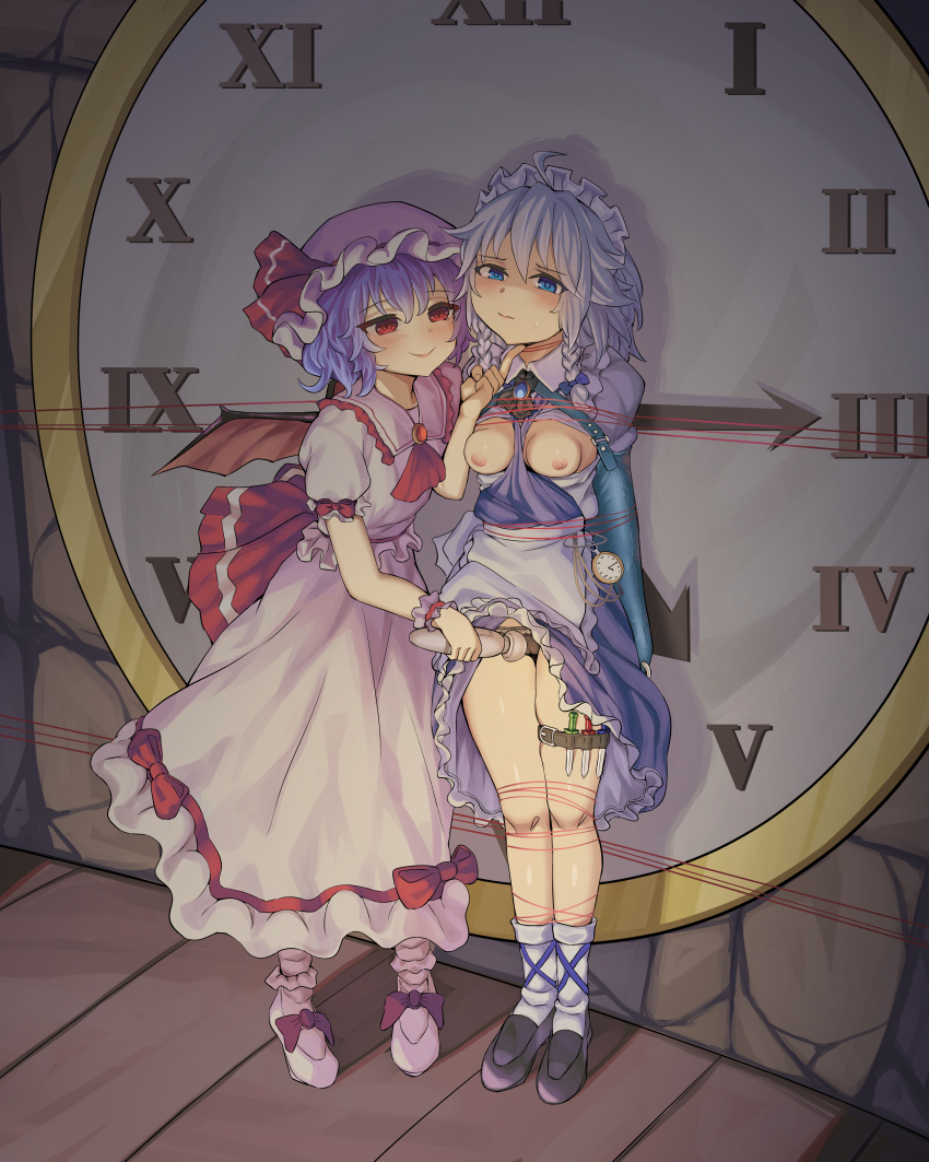 2girls absurdres armbinder bdsm blue_eyes blue_hair bondage bound bow bowtie breasts breasts_out callu_jy footwear_bow hat highres hitachi_magic_wand izayoi_sakuya multiple_girls red_bow red_bowtie remilia_scarlet restrained sex_toy shoes short_hair skirt socks touhou vibrator white_hair white_skirt wings