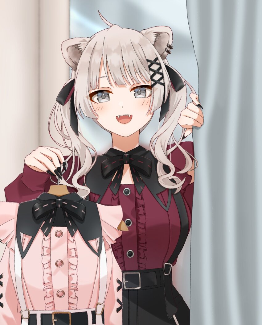 1girl ahoge animal_ear_piercing animal_ears belt black_nails black_skirt blush center_frills clothes_hanger commentary_request fingernails fitting_room frills grey_eyes grey_hair hair_ribbon high_belt highres holding holding_clothes_hanger hololive jirai_kei kurage0377 lion_ears lion_girl long_hair looking_at_viewer nail_polish official_alternate_costume open_mouth ribbon shirt shishiro_botan shishiro_botan_(6th_costume) skirt smile solo suspenders virtual_youtuber