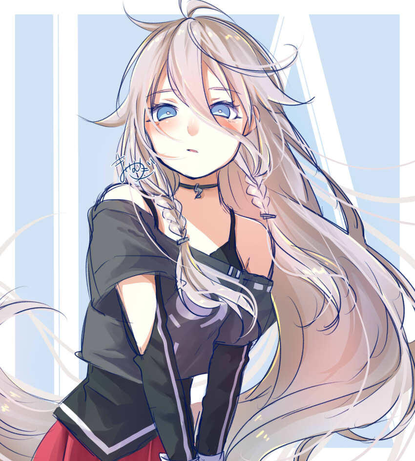 1girl arm_cutout black_camisole black_choker black_shirt blue_background blue_eyes blush border braid bright_pupils camisole character_name choker commentary crop_top floating_hair grey_hair hair_between_eyes hair_over_shoulder half-closed_eyes highres ia_(vocaloid) layered_shirt layered_sleeves long_bangs long_hair long_sleeves looking_at_viewer mai_mugi messy_hair off-shoulder_shirt off_shoulder outside_border parted_lips pleated_skirt red_skirt shirt short_over_long_sleeves short_sleeves signature skirt solo text_background twin_braids two-tone_background upper_body v_arms very_long_hair vocaloid watermark white_background white_border white_pupils