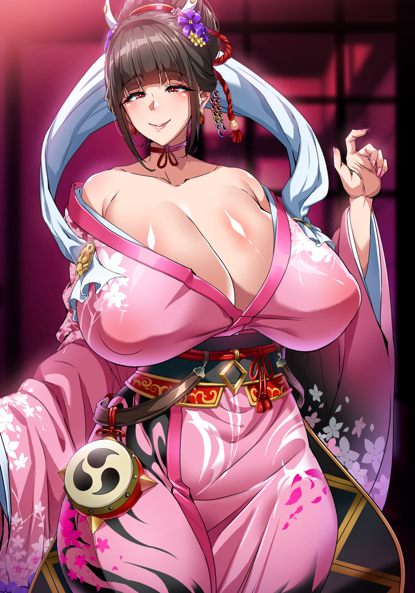 1girl absurdres bare_shoulders breasts brown_hair cleavage curvy flower hair_flower hair_ornament highres huge_breasts japanese_clothes kimono kunoichi_enrai last_origin long_hair pink_kimono red_eyes restart smile solo tagme thick_thighs thighs wide_hips