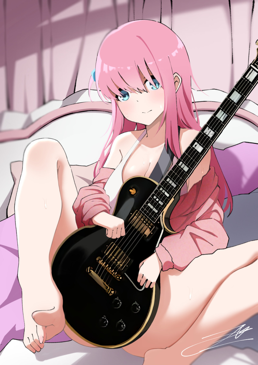 1girl bare_legs barefoot bed bikini bikini_top_only blue_eyes blush bocchi_the_rock! bottomless breasts cleavage clenched_hand closed_mouth commentary cube_hair_ornament english_commentary eyebrows_hidden_by_hair fazekas feet foot_out_of_frame gotoh_hitori guitar hair_between_eyes hair_ornament halterneck highres holding holding_instrument ibispaint_(medium) indoors instrument jacket large_breasts long_hair long_sleeves looking_at_viewer on_bed one_side_up open_clothes open_jacket pink_hair pink_jacket shy sidelocks signature sitting solo split_mouth spread_legs straight_hair sweat swimsuit toes track_jacket white_bikini