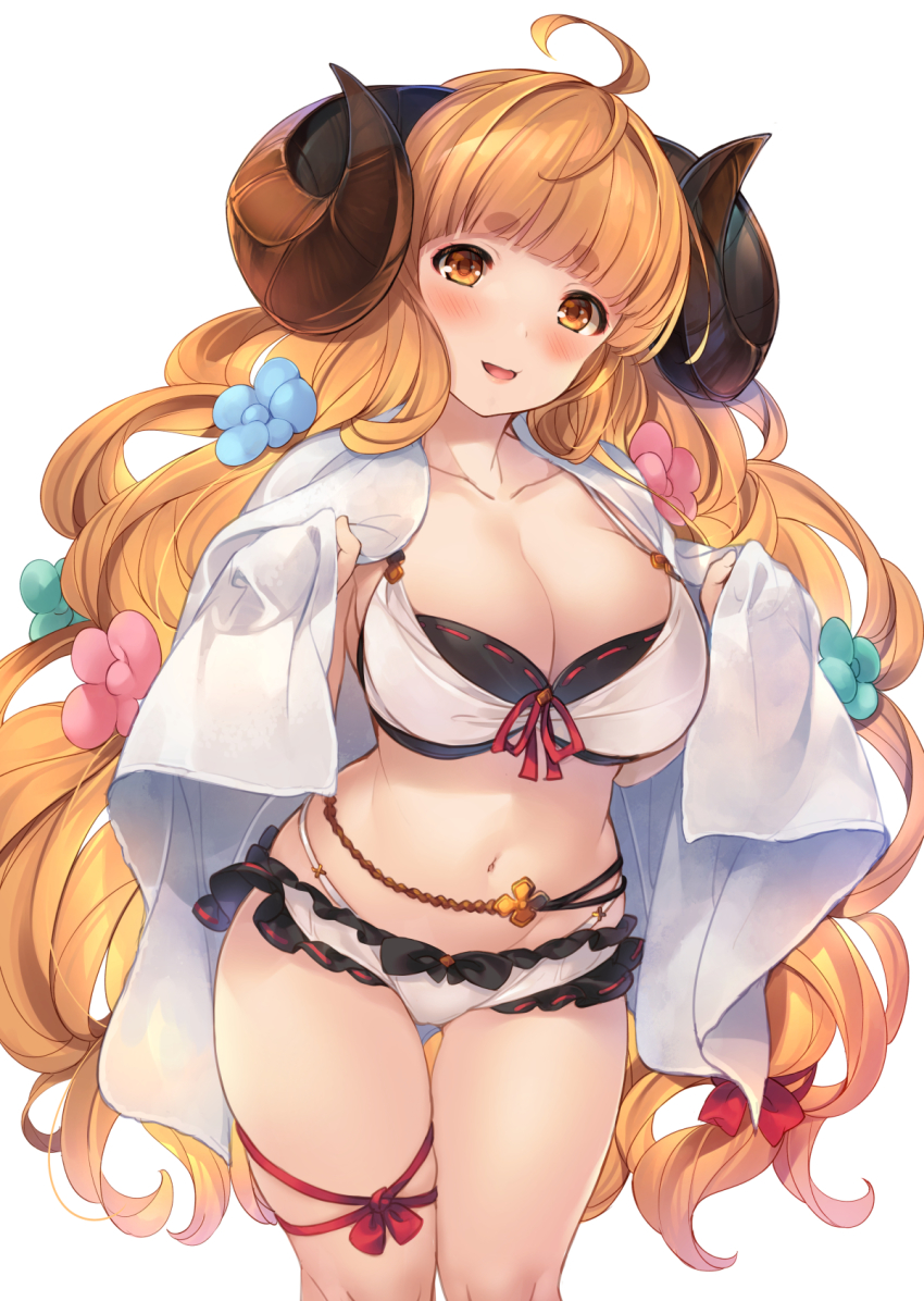 1girl ahoge anila_(granblue_fantasy) anila_(summer)_(granblue_fantasy) bikini blonde_hair blunt_bangs blush bow breasts cleavage collarbone draph granblue_fantasy hair_bow hair_ornament hair_ribbon highres horns large_breasts layered_bikini leg_ribbon lips long_hair looking_at_viewer mayusaki_yuu navel open_mouth red_ribbon ribbon ribbon-trimmed_bikini ribbon_trim sheep_horns short_eyebrows simple_background skindentation smile solo standing swimsuit thick_eyebrows thigh_gap thigh_ribbon towel very_long_hair white_background yellow_eyes