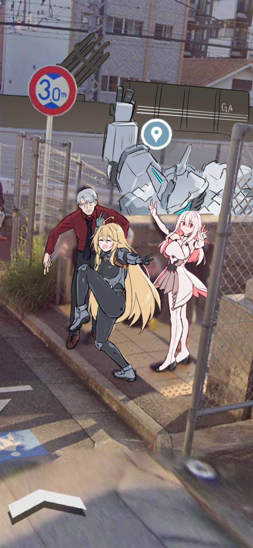 1boy 2girls 621_(armored_core_vi) absurdres ahoge armored_core armored_core_vi:_fires_of_rubicon ayre_(armored_core_vi) blonde_hair closed_eyes double_v google_maps google_street_view grey_hair handler_walter high_school_girls_posing_for_google_street_view_(meme) highres maxilax mecha meme multiple_girls outdoors personification red_eyes road_sign robot sign smile v white_hair