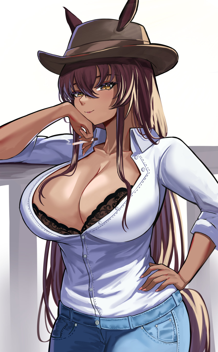 1girl absurdres animal_ears armrest bad_id bad_pixiv_id bra breasts brown_hair cigarette cleavage collarbone commission cowboy_shot crossed_bangs dark-skinned_female dark_skin denim ears_through_headwear hair_ribbon hand_on_own_hip hand_up hat highres holding holding_cigarette horse_ears horse_girl horse_tail jeans lace lace-trimmed_bra lace_trim large_breasts long_hair looking_at_viewer loooyd nail_polish open_clothes open_shirt original pants pink_nails ribbon simple_background smile solo standing tail tan underwear yellow_eyes