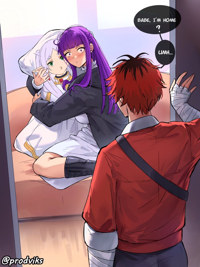 1boy 1girl absurdres artist_name bandaged_hand bandages black_footwear blunt_bangs blush body_pillow boots closed_mouth commentary constricted_pupils cross-laced_footwear english_commentary english_text eyelashes fern_(sousou_no_frieren) frieren highres hug long_hair pillow prodviks purple_hair red_hair short_hair sitting sousou_no_frieren speech_bubble stark_(sousou_no_frieren)