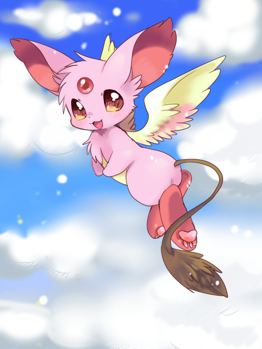 :3 blue_sky choko_(sweetpocket) cloud cloudy_sky commentary_request creature creature_focus feathered_wings flying forehead_jewel full_body highres light_particles looking_up no_humans open_mouth original pawpads pink_fur sky smile solo wings yellow_wings