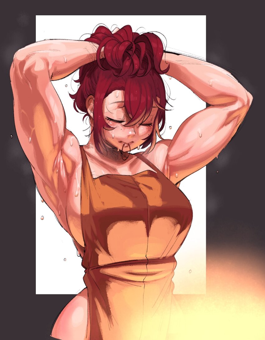 1girl apron armpit_crease armpits blacksmith border breasts brown_apron closed_eyes fire freckles grey_border highres krekkov muscular muscular_female original red_hair sideboob solo sweat thick_thighs thighs tying_hair white_background