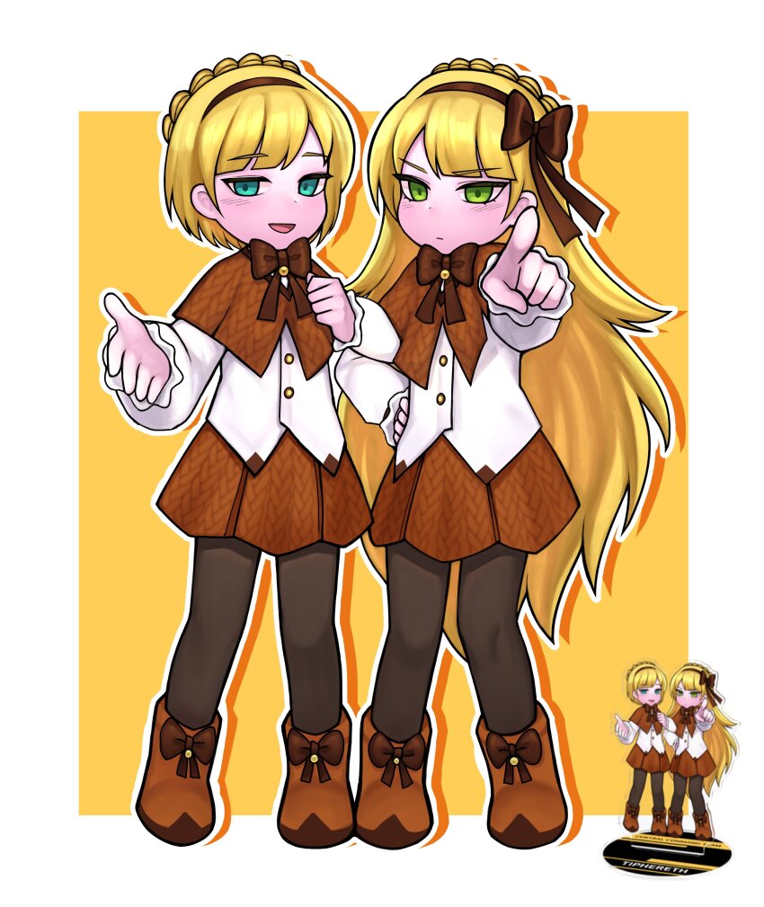 1boy 1girl absurdres black_pantyhose blonde_hair blue_eyes boots bow brooch brother_and_sister brown_capelet brown_footwear brown_skirt capelet frilled_sleeves frills green_eyes hair_bow headband highres jewelry kangrim39 lobotomy_corporation long_hair neck_ribbon pantyhose project_moon ribbon short_hair siblings skirt tiphereth_a_(project_moon) tiphereth_b_(project_moon) yellow_brooch