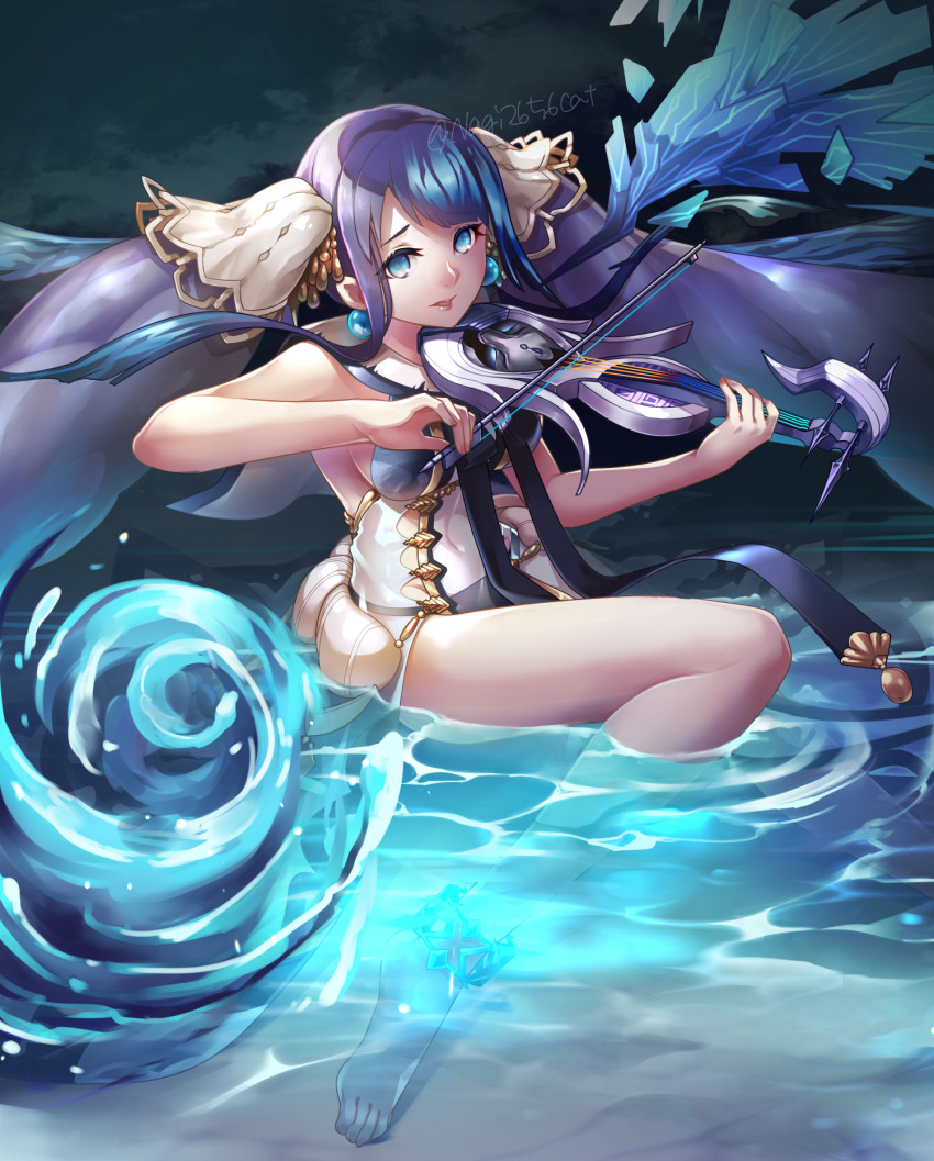 1girl anklet barefoot beads bikini blue_hair breasts dress earrings fins hair_beads hair_ornament head_fins highres instrument jewelry long_hair medium_breasts nagi_(nightmare-cat) ningyo_hime_(sinoalice) open_mouth partially_submerged purple_hair ribbon sad sand see-through_clothes sidelocks sinoalice solo swimsuit twintails very_long_hair violin water white_headdress