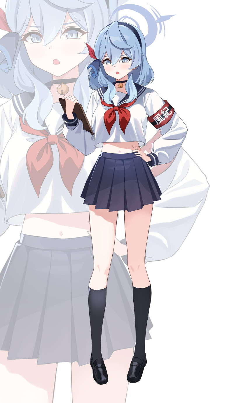 1girl absurdres ako_(blue_archive) alternate_costume armband bell black_choker black_hairband black_shoes black_socks blue_archive blue_eyes blue_hair blue_halo blue_sailor_collar blue_skirt blush bow breasts choker crop_top crop_top_overhang double-parted_bangs full_body hair_between_eyes hair_bow hairband halo hand_on_own_hip highres holding large_breasts loafers long_sleeves looking_ahead looking_at_viewer medium_hair midriff miniskirt navel neck_bell neckerchief open_mouth pleated_skirt puffy_long_sleeves puffy_sleeves rahy red_armband red_bow red_neckerchief sailor_collar shirt shoes simple_background skirt socks solo standing v-shaped_eyebrows white_background white_shirt zoom_layer