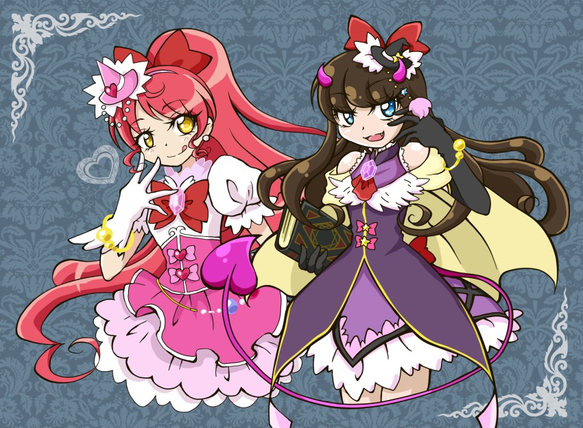 2girls :q bad_id bad_pixiv_id black_gloves black_hat blue_background blue_eyes book bow bracelet brooch brown_hair cosplay cowboy_shot cure_magical cure_magical_(cosplay) cure_miracle cure_miracle_(cosplay) elbow_gloves gloves hair_bow hairband hat hexagram highres horns jewelry kurosu_aroma long_hair looking_at_viewer magical_girl mahou_girls_precure! mini_hat mini_witch_hat mirukukki_(statice) multiple_girls pink_hat pink_skirt ponytail precure pretty_series pripara purple_skirt red_bow red_hair shiratama_mikan skirt smile tongue tongue_out white_gloves witch_hat yellow_eyes