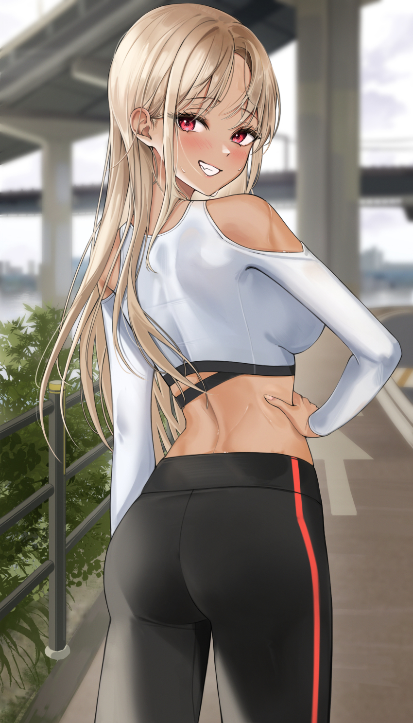 1girl absurdres ass back black_pants blonde_hair blurry blush depth_of_field from_behind grin highres lebring long_hair looking_at_viewer looking_back midriff original outdoors overpass pants railing red_eyes road shirt smile solo street sweat white_shirt yoga_pants