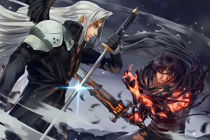 2boys absurdres black_cloak black_coat black_hair black_wings clive_rosfield cloak coat commission facing_another final_fantasy final_fantasy_vii final_fantasy_xvi flamechamp10n green_eyes highres holding holding_sword holding_weapon in-franchise_crossover long_hair male_focus multiple_boys sephiroth short_hair single_wing sword weapon white_hair wings