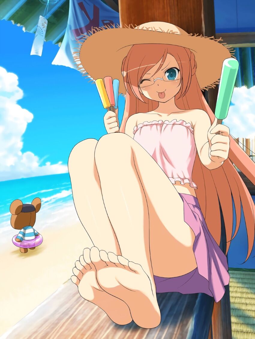 1girl :p armpit_crease barefoot beach beach_house blue_eyes blue_sky blush breasts cloud collarbone feet food foot_focus frilled_tube_top frills glasses hair_down hair_ornament hat highres holding holding_food holding_popsicle horizon innertube kumapooh_(senran_kagura) long_hair looking_at_viewer midriff ocean official_alternate_hairstyle official_art orange_hair pink_tube_top popsicle purple_innertube purple_skirt ranmaru_(senran_kagura) sand senran_kagura senran_kagura_new_wave shiny_skin shore skirt sky smile solo strapless straw_hat stuffed_animal stuffed_toy sun_hat swim_ring tatami teddy_bear tongue tongue_out tube_top water waves windowsill yaegashi_nan