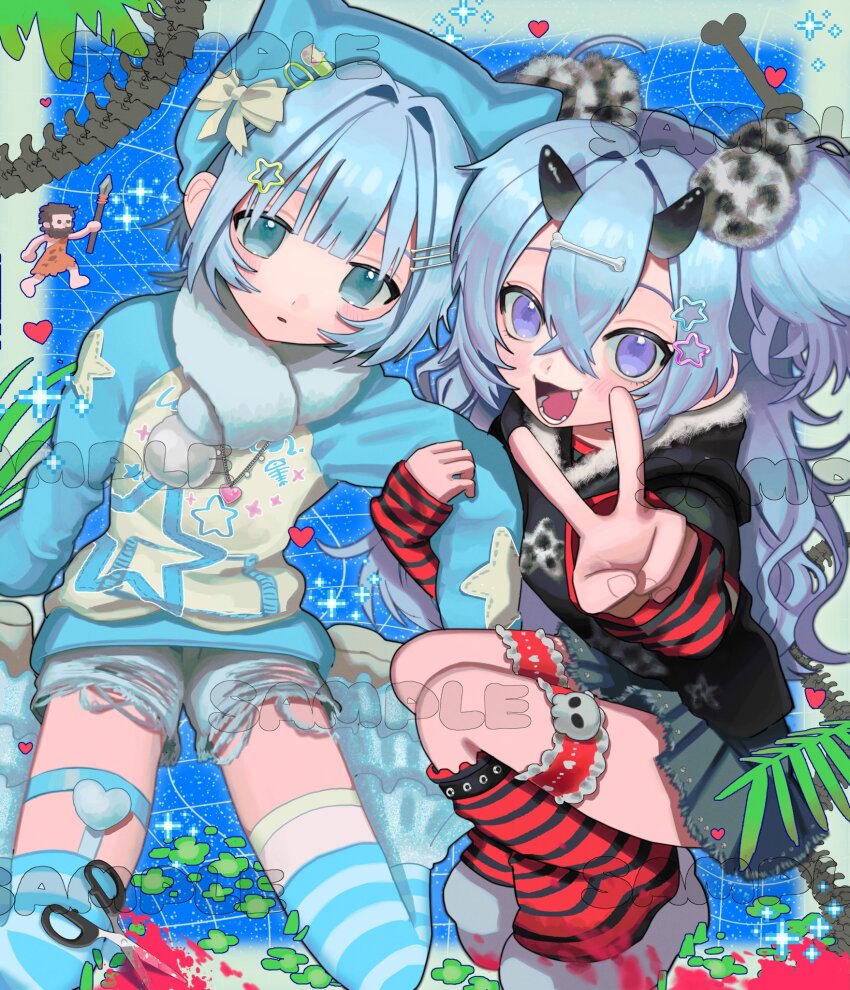 2girls animal_ears animal_hat blue_hair commentary_request commission emo_fashion fake_animal_ears fur_scarf hat heisei_retro highres horns leg_warmers long_hair looking_at_viewer multiple_girls original poin_(goruchopame) punk sample_watermark shorts skeb_commission skirt star_(symbol) striped_leg_warmers tenshi_kaiwai two_side_up v watermark y2k_fashion