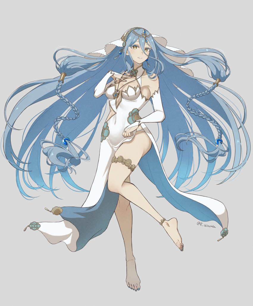 1girl absurdres adapted_costume alternate_costume anklet azura_(fire_emblem) bad_anatomy bare_shoulders barefoot blue_hair blue_nails braid breasts bridal_gauntlets chinese_clothes commentary covered_navel detached_sleeves dress fingernails fire_emblem fire_emblem_fates full_body grey_background hair_between_eyes hand_on_own_chest highres jewelry karashino long_hair looking_at_viewer medium_breasts nintendo panties pendant simple_background smile solo thighs toenails twitter_username underwear veil very_long_hair white_dress white_panties white_sleeves yellow_eyes