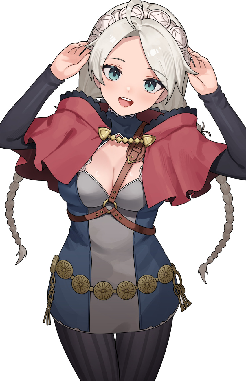 1girl absurdres adjusting_clothes adjusting_headwear ahoge black_bridal_gauntlets blue_eyes braid breasts bridal_gauntlets capelet commission fire_emblem fire_emblem_fates hairband harness highres hood hooded_capelet iffyru keyring long_hair looking_at_viewer low_twin_braids low_twintails medium_breasts nina_(fire_emblem) nintendo non-web_source o-ring o-ring_harness open_mouth parted_bangs red_hood skeb_commission solo twin_braids twintails