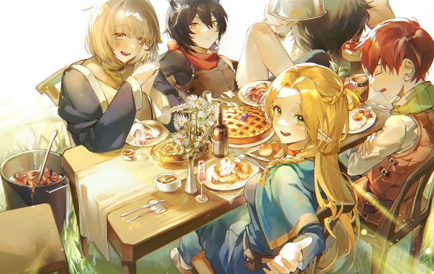 2boys 3girls black_hair blonde_hair bottle brown_eyes brown_hair chair chilchuck_tims closed_eyes cooking_pot cup drinking_glass dungeon_meshi falin_touden flower food fork from_above fruit_pie grass green_eyes grey_hair hair_between_eyes head_out_of_frame highres izutsumi leg_up light_particles light_rays long_hair long_sleeves looking_at_viewer marcille_donato multiple_boys multiple_girls on_chair open_mouth outdoors outstretched_arm outstretched_hand own_hands_together pie plate pointy_ears pov red_hair senshi_(dungeon_meshi) short_hair sitting smile table vase wine_bottle wine_glass zuzu_(wckd7545)