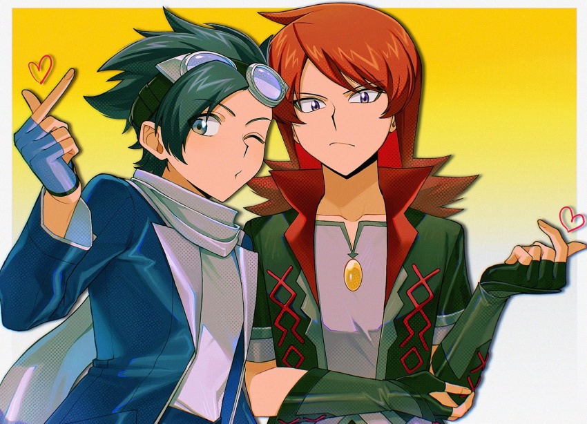 2boys black_hair blue_jacket brown_eyes closed_mouth collarbone creatures_(company) ethan_(pokemon) ethan_(sygna_suit)_(pokemon) fingerless_gloves game_freak gloves goggles goggles_on_head green_jacket heart highres jacket kuruto. long_hair male_focus multiple_boys nintendo official_alternate_costume one_eye_closed pokemon pokemon_masters_ex red_hair silver_(pokemon) silver_(sygna_suit)_(pokemon)