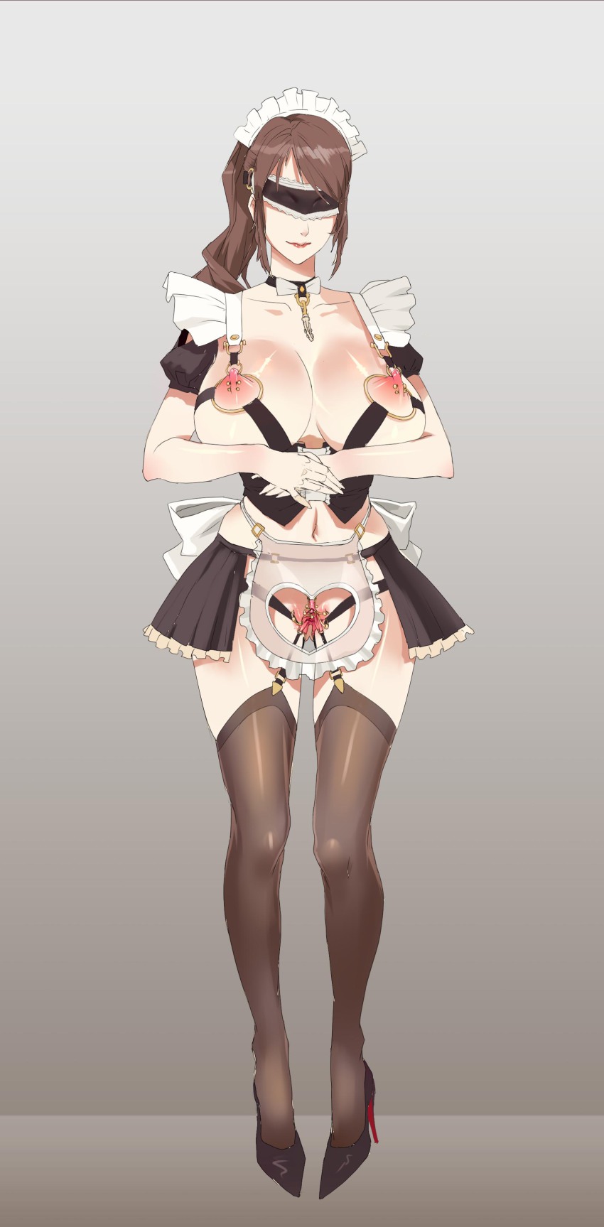 1girl absurdres apron areola_piercing bad_id bad_pixiv_id bdsm blindfold breasts brown_hair clitoris clitoris_piercing clothing_cutout collar dilation_belt female_focus full_body gradient_background heart heart_cutout high_heels high_ponytail highres jm_(729302585) labia_piercing large_breasts linked_piercing linked_piercings long_hair maid maid_apron maid_headdress nipple_piercing nipples original piercing ponytail pussy pussy_piercing slave solo spread_pussy standing thighhighs uncensored