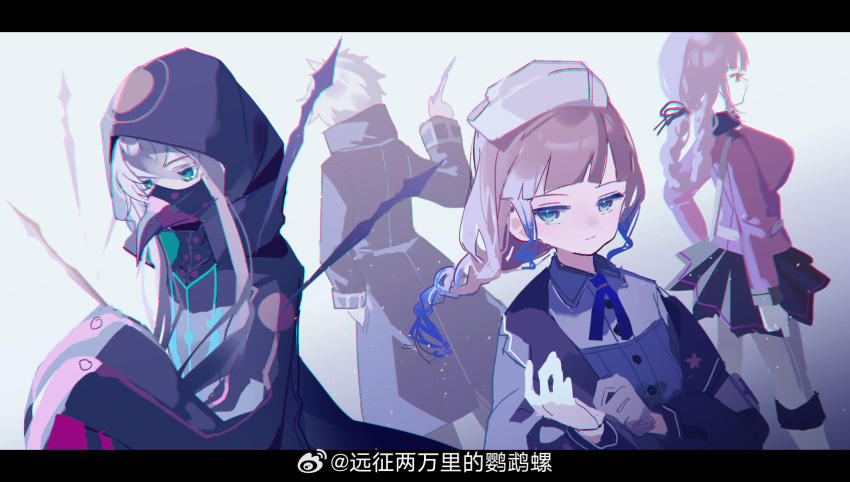 1girl 1other 2boys adjusting_clothes adjusting_gloves artist_name asclepius_(fate) belt black_coat black_robe black_skirt blue_eyes blue_hair braid braided_ponytail brown_hair charles-henri_sanson_(fate) chinese_commentary chromatic_aberration closed_mouth coat collared_dress commentary_request dress facing_away fate/grand_order fate_(series) florence_nightingale_(fate) folded_ponytail gloves gradient_hair green_eyes grey_dress grey_hair hair_between_eyes hand_in_pocket hand_up hat highres holding_scalpel hood hood_up jacket letterboxed light_particles long_hair long_sleeves looking_at_viewer multicolored_hair multiple_boys nemo_(fate) nemosk3o nurse_cap nurse_nemo_(fate) pink_hair red_jacket robe serious shirt short_hair sidelocks single_braid skirt sleeves_past_fingers sleeves_past_wrists two-tone_hair watermark weibo_logo weibo_watermark white_belt white_gloves white_shirt wing_collar