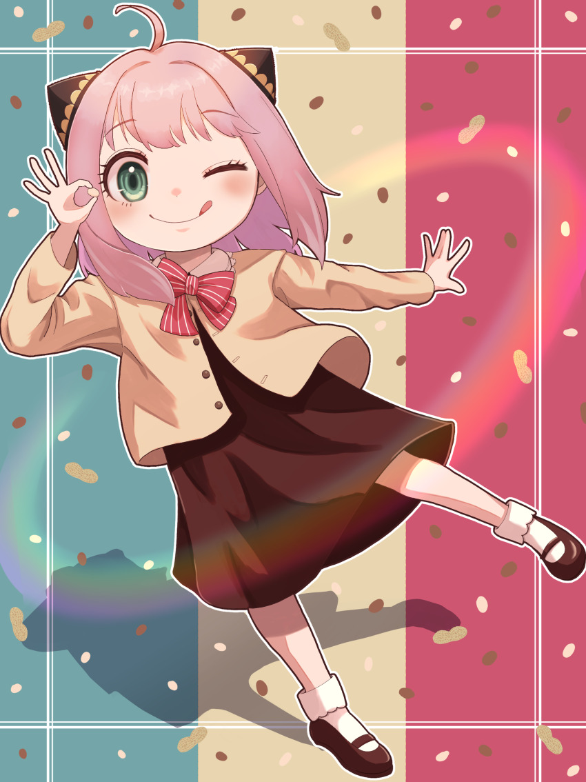 1girl :p absurdres ahoge anya_(spy_x_family) cone_hair_bun french_flag hair_bun highres looking_at_viewer mary_janes nagi-negitoro ok_sign one_eye_closed peanut pink_hair shadow shoes solo spy_x_family tongue tongue_out