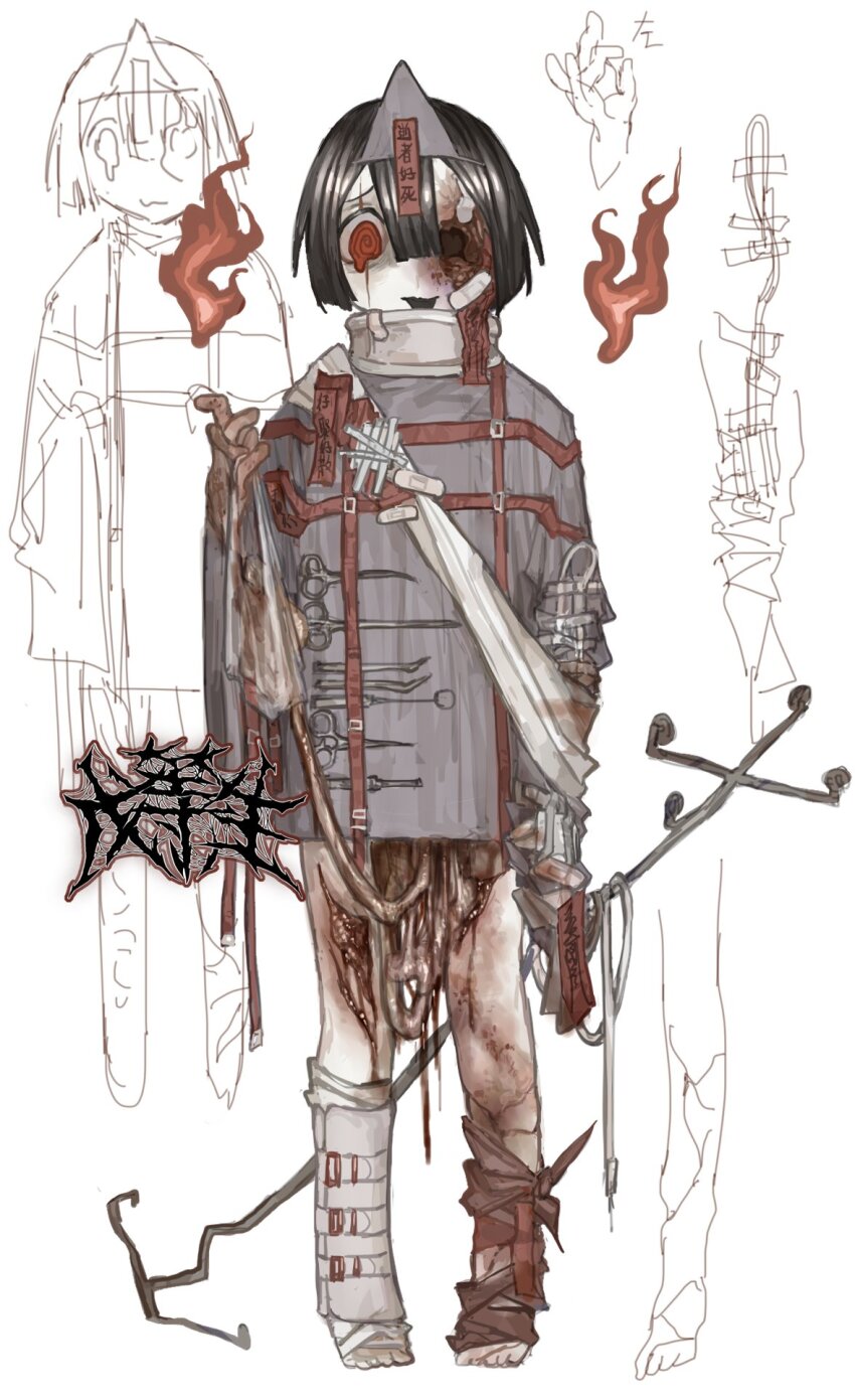 1other asymmetrical_footwear bag bandaid bandaid_on_clothes bandaid_on_face blood blood_on_leg character_sheet cuts exposed_muscle flesh full_body grey_shirt guro highres holding holding_bag injury intestines missing_eye open_mouth original red_eyes scissors shirt short_hair sketch_inset smile wuwuren