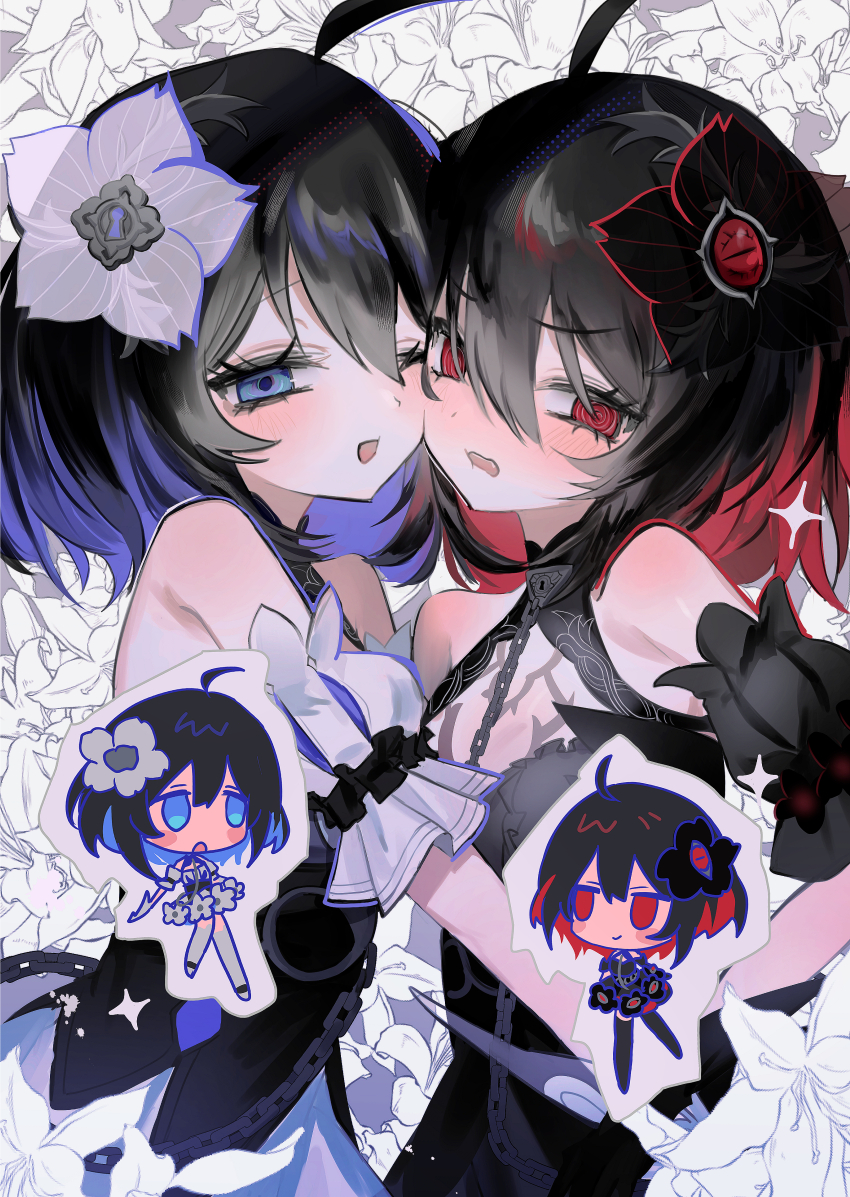 2girls @_@ absurdres ahoge bare_shoulders black_dress black_flower black_hair black_sleeves blue_eyes blue_hair blush braised_cutlass cheek-to-cheek chibi commentary_request detached_sleeves dress dress_flower flower hair_between_eyes hair_flower hair_ornament halter_dress halterneck heads_together highres honkai_(series) honkai_impact_3rd korean_commentary lily_(flower) multiple_girls one_eye_closed open_mouth red_eyes red_hair seele_(alter_ego) seele_vollerei seele_vollerei_(stygian_nymph) short_hair short_sleeves white_dress white_flower white_lily white_sleeves