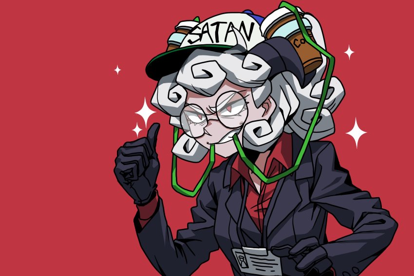 1girl beer_hat black_giraffe black_gloves black_horns black_suit business_suit clothes_writing curly_hair demon_girl english_text formal_clothes glasses gloves headwear_request helltaker highres horns pandemonica_(helltaker) print_headwear red_background red_eyes red_shirt shirt simple_background solo sparkle suit thumbs_up upper_body white_hair