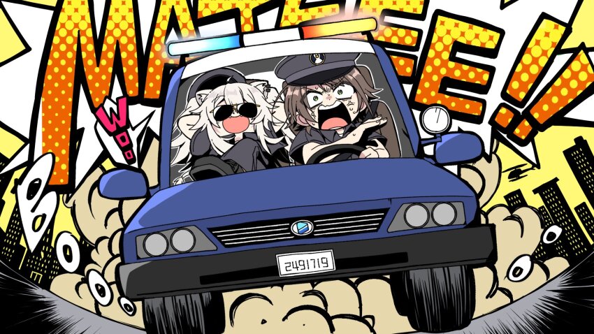 2girls ahoge anger_vein animal_ears black_hair car city driving fang green_eyes grey_hair hat highres hololive lion_ears motor_vehicle multiple_girls oozora_subaru police police_car police_hat police_uniform romaji_text screaming shishiro_botan steering_wheel sunglasses tada_no_shika virtual_youtuber yellow_background