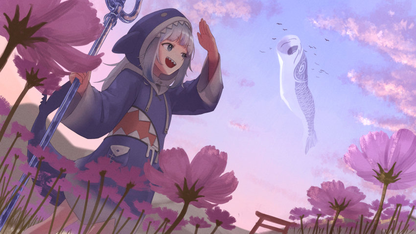 1girl animal_costume animal_hood arimoto_wataru blue_eyes blue_hair blue_hoodie cloud cloudy_sky commentary english_commentary fins fish_tail flower gawr_gura gawr_gura_(1st_costume) highres holding_polearm hololive hololive_english hood hoodie kite looking_to_the_side multicolored_hair open_mouth outdoors polearm shark_costume shark_girl shark_hood shark_print shark_tail sharp_teeth sky smile solo streaked_hair tail teeth torii trident virtual_youtuber weapon