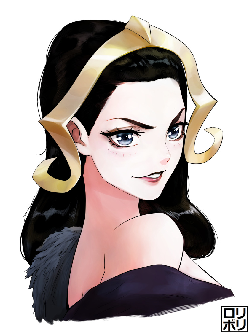 1girl artist_logo black_dress black_eyes black_hair commentary_request commission dress fur_shawl gold_tiara highres jamrolypoly light_blush liliana_vess logo long_hair looking_at_viewer magic:_the_gathering mixed-language_commentary pale_skin parted_lips portrait red_lips shawl simple_background smile solo white_background