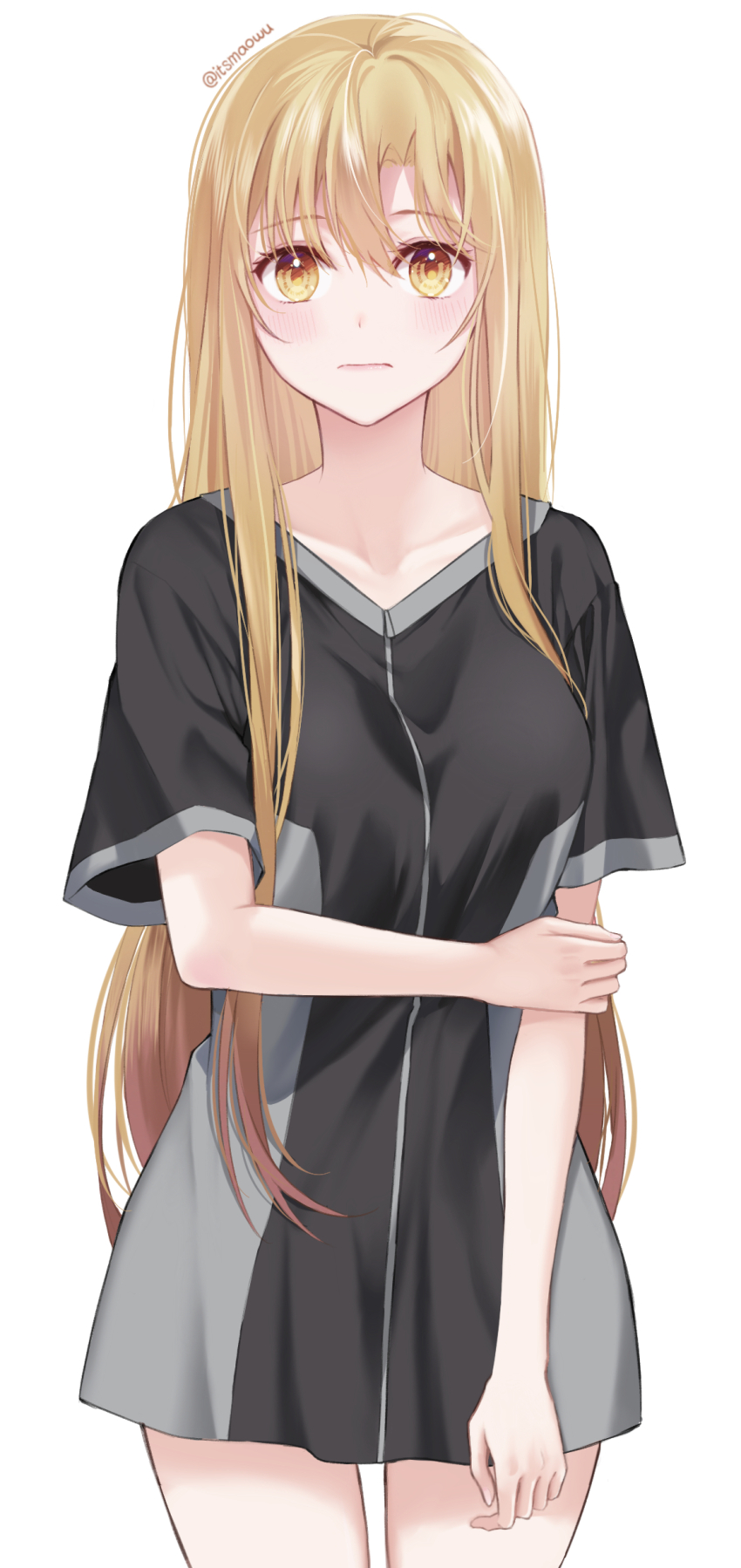 1girl absurdres alternate_costume artist_name asuna_(sao) black_shirt blush breasts closed_mouth collarbone commentary cowboy_shot embarrassed grey_shirt hair_between_eyes hand_on_own_arm highres istriri long_hair looking_at_viewer medium_breasts nightshirt orange_eyes orange_hair oversized_clothes oversized_shirt shirt signature simple_background solo straight-on sword_art_online two-tone_shirt white_background