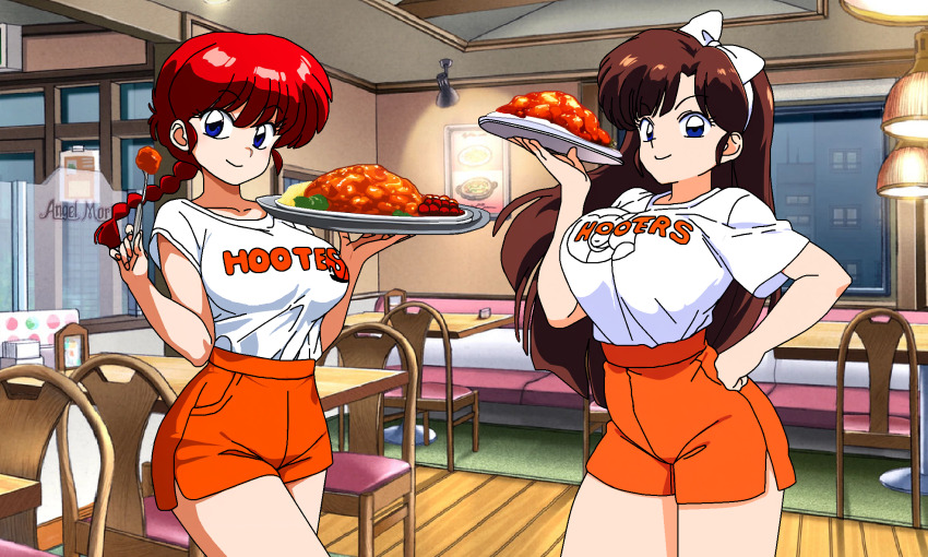 2girls breasts highres hooters kuonji_ukyou large_breasts multiple_girls ranma-chan ranma_1/2 restaurant