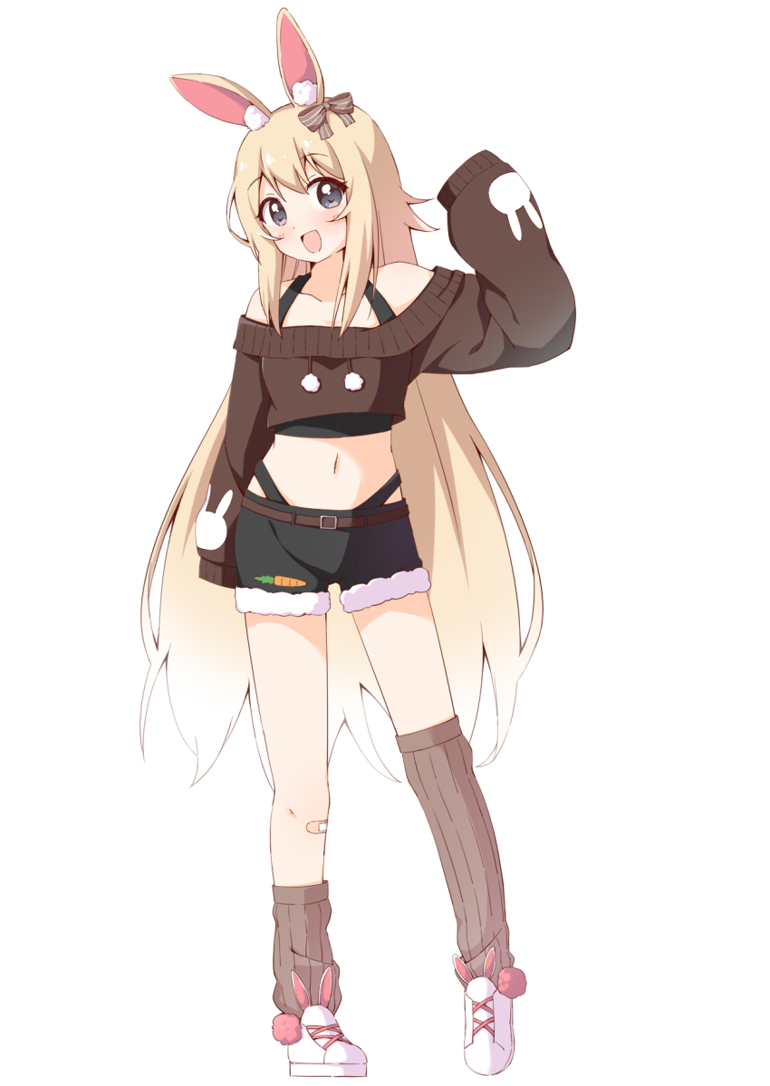 1girl :d animal_ear_fluff animal_ears asymmetrical_legwear bandaid bandaid_on_knee bandaid_on_leg bare_shoulders black_shorts blonde_hair blue_eyes blush brown_socks brown_sweater brown_thighhighs commentary_request commission cropped_sweater full_body fur-trimmed_shorts fur_trim haru_(konomi_150) highres long_hair long_sleeves looking_at_viewer midriff navel off-shoulder_sweater off_shoulder open_mouth original panty_straps rabbit_ears shoes shorts sidelocks simple_background single_sock single_thighhigh skeb_commission sleeves_past_fingers sleeves_past_wrists smile socks solo standing sweater thighhighs white_background white_shoes