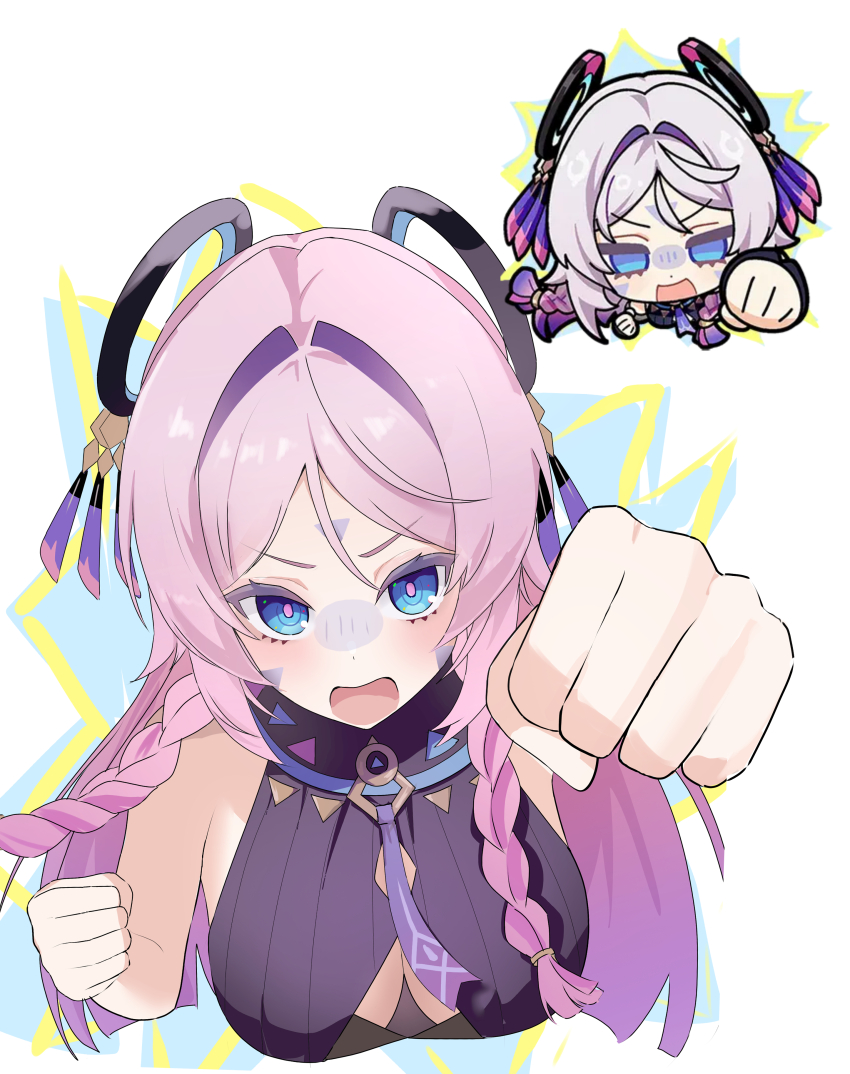 1girl absurdres bare_shoulders black_leotard blue_eyes blush braid breasts citlali_(genshin_impact) clenched_hand ekaki_hagoromo facial_mark forehead_mark genshin_impact genshin_impact_sticker_redraw_(meme) hair_ornament highres leotard long_hair looking_at_viewer meme multicolored_hair open_mouth pink_hair pink_pupils solo triangle triangle_facial_mark twin_braids white_background