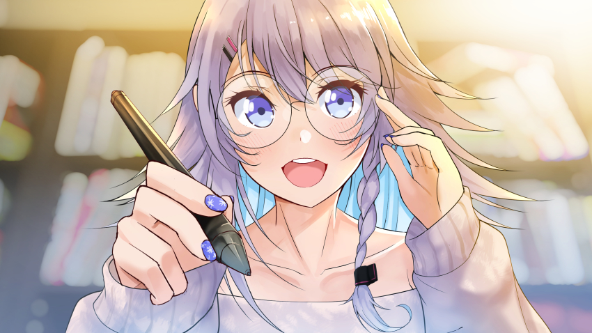 1girl blue_eyes blue_hair braid collarbone colored_inner_hair glasses hair_behind_ear hair_ornament hairclip highres holding holding_stylus imi_(imi_o0_) long_hair looking_at_viewer multicolored_hair nijisanji nijisanji_kr nun_bora open_mouth portrait purple_sweater smile solo stylus sweater virtual_youtuber