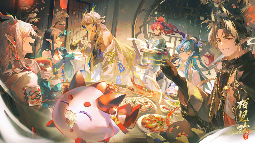 2boys 4girls :d absurdres aqua_eyes aqua_hair arknights bare_shoulders beads black_hair black_shirt blonde_hair blue_hair braid brother_and_sister chinese_commentary chinese_new_year chongyue_(arknights) chopsticks closed_eyes closed_mouth colored_extremities commentary_request cooking_pot cup dao_jisland dragon_bubble_(arknights) dress drink dusk_(arknights) earrings eating family food grey_jacket hair_between_eyes hair_intakes high_collar highres holding holding_chopsticks holding_cooking_pot holding_cup indoors jacket jewelry lattice laughing ling_(arknights) long_hair long_sleeves multicolored_hair multiple_boys multiple_girls necklace nian_(arknights) off_shoulder one_eye_closed open_mouth plate pointy_ears profile purple_hair red_hair shirt shu_(arknights) siblings sisters smile sparkle steam tassel two-tone_hair white_dress white_hair white_jacket yellow_eyes yu_(arknights)