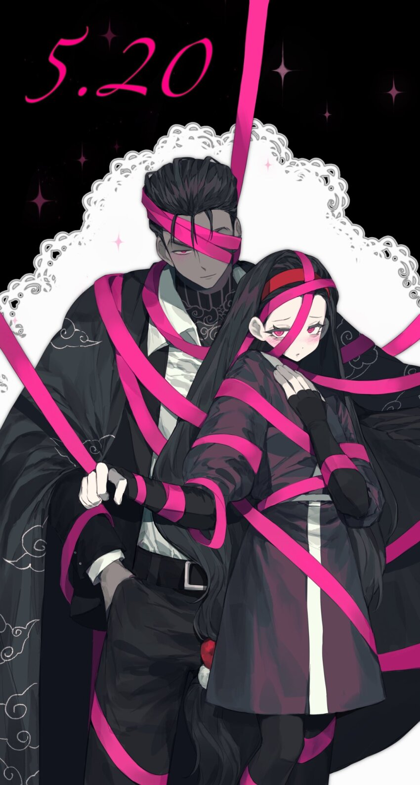 1boy 1girl aeng-du_(project_moon) anzekeye black_gloves black_hair black_jacket black_kimono black_pants dark-skinned_male dark_skin e.g.o_(project_moon) fingerless_gloves gloves hair_slicked_back hairband hand_up highres jacket japanese_clothes jun_(project_moon) kimono limbus_company long_hair looking_at_viewer low-tied_long_hair pants parted_lips pink_eyes pink_ribbon project_moon puffy_short_sleeves puffy_sleeves red_hairband ribbon roseate_desire_(e.g.o) short_sleeves very_long_hair