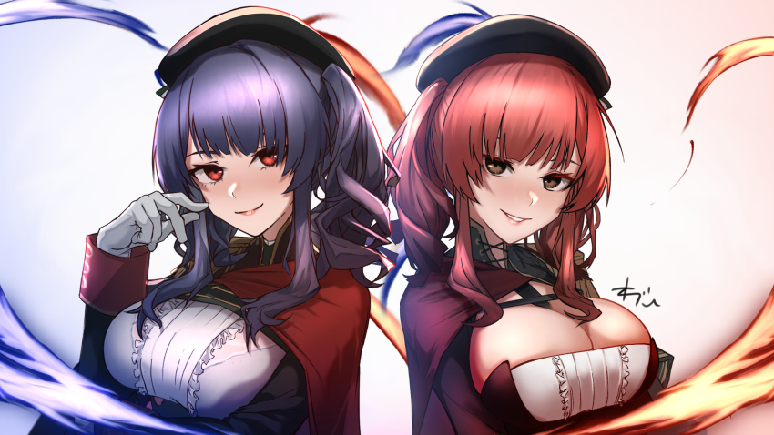 azur_lane beret breasts brown_eyes capelet cleavage commentary_request gloves grey_hair hat highres large_breasts long_hair looking_at_viewer one_side_up oregano_(olgn_eao) parted_lips pola_(azur_lane) red_eyes red_hair sidelocks signature smile smirk white_gloves zara_(azur_lane)