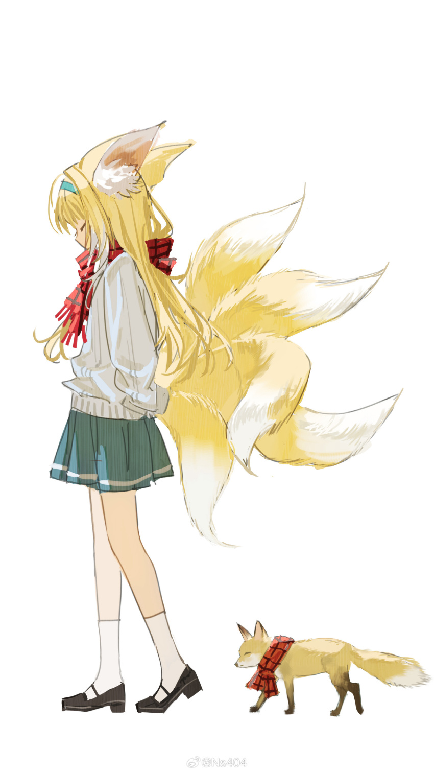 1girl absurdres alternate_costume animal animal_ear_fluff animal_ears arknights arms_behind_back blonde_hair blue_hairband cardigan chinese_commentary closed_eyes commentary_request fox fox_ears fox_girl fox_tail from_side green_skirt hairband highres kitsune kyuubi long_hair long_sleeves miniskirt multiple_tails ns404 red_scarf scarf simple_background skirt socks solo suzuran_(arknights) tail weibo_watermark white_background white_cardigan white_socks