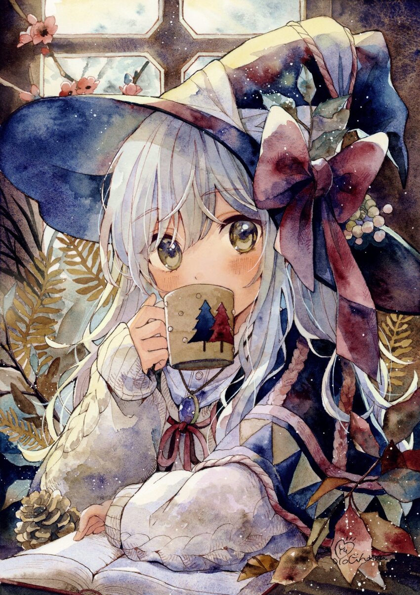 1girl artist_name blue_hat book bow brown_eyes crossed_bangs cup drinking flower flower_request hair_between_eyes hair_over_shoulder hat hat_bow highres holding holding_cup jewelry long_hair long_sleeves looking_at_viewer mug necklace open_book original painting_(medium) pinecone pink_flower red_bow red_ribbon ribbon sleeves_past_wrists solo sweater traditional_media unkempt upper_body watercolor_(medium) white_hair white_sweater window witch yuyuharu_1027